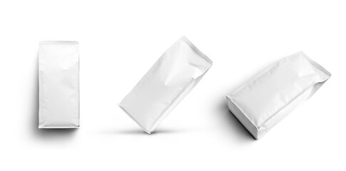 Mockup of white pouch gusset, for coffee, tea, drink, isolated on background.