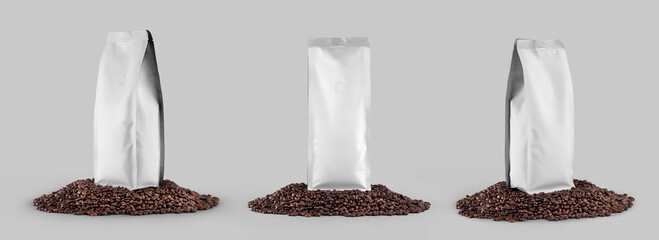 Mockup of white coffee pouch gusset, set of packaging on coffee beans, isolated on background.