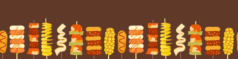 Korean street food banner. Horizontal seamless pattern from asian stick snacks. Corndog, rice and chicken skewers, tornado potato, fish cake. Cute colorful asian dishes border. Vector illustration.