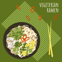 Vegeterian ramen soup with chopsticks on bamboo placemat poster. Asian food with noodles, tofu, corn, parsley, green onion, chili. Chinese japanese korean cuisine popular dish. Vector illustration.