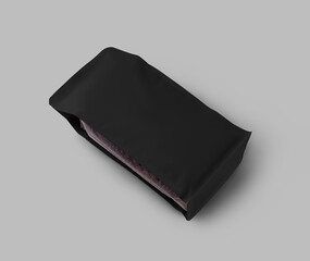 Mockup of black bag with transparent sides, roasted coffee beans, top view, isolated on background.