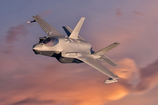 F35 modern fifth generation Fighter jet with missiles on way to combat mission. Modern fighter jets and Airforce pilots. Air defence fighter jet. Israeli IDF, NATO