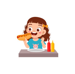 little kid eat hotdog and feel happy