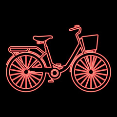 Neon woman's bicycle with basket Womens beach cruiser bike Vintage bicycle basket ladies road cruising red color vector illustration image flat style