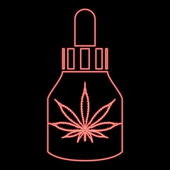 Neon marijuana Medicine Oil to marijuana CBD Cannabis farm flask red color vector illustration image flat style