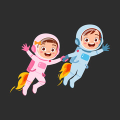 little astronaut wearing jetpack and fly and feel happy