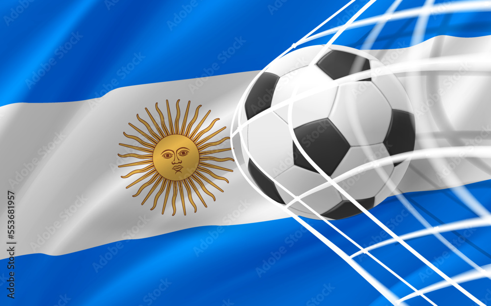 Poster realistic leather soccer ball in the net with flag of argentina. 3d vector illustration