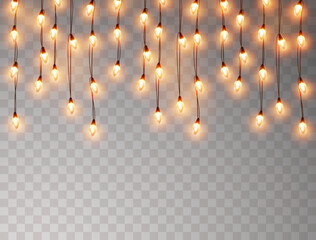Lights bulbs border isolated on transparent background. Glowing yellow Christmas vertical garland strings, festival or carnival street decorations. Vector New Year party decor elements