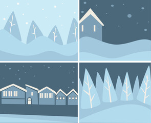 Obraz na płótnie Canvas Wintertime scenery set, landscapes and cityscapes with snowflakes vector