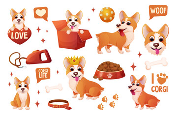 Set corgi dog stickers with crown, wings, sitting, adorable pet, activities in cartoon style isolated on white background. Comic emotional character, funny pose