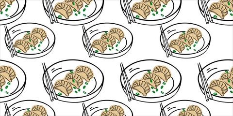 Seamless pattern with Chinese, Japanese and Korean dumplings on a plate . Vector illustration