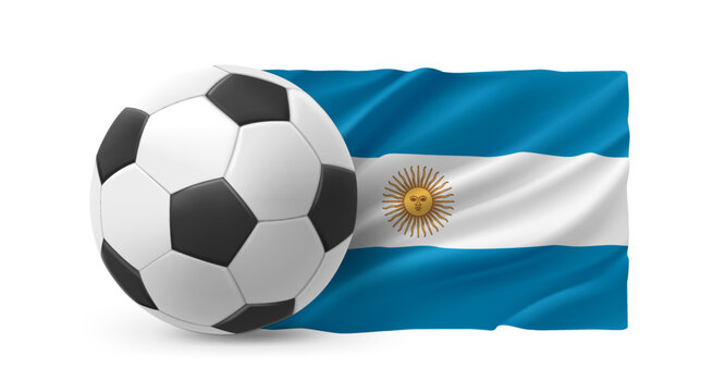 Realistic leather soccer ball with flag of Argentina on white background. 3d vector illustration 