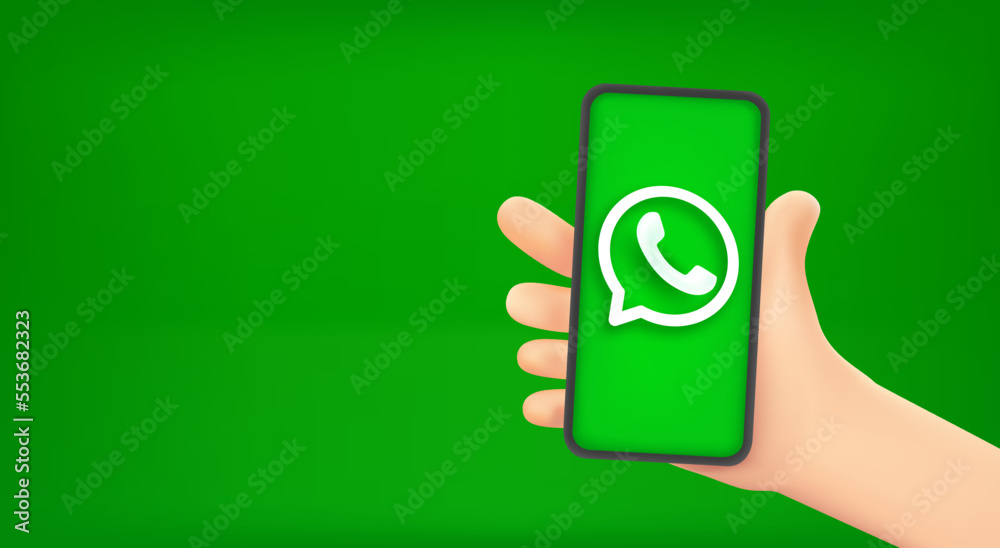 Poster Man holding smartphone with messenger app. Vector banner with copy space
