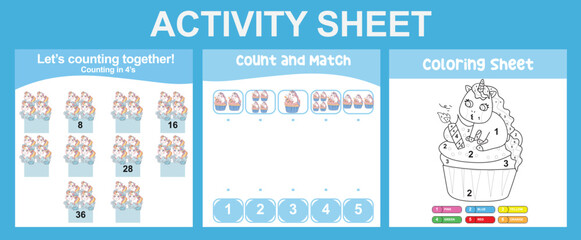 3 in 1 Activity Sheet for children. Educational printable worksheet for preschool. Coloring and counting activity. Vector illustrations. 