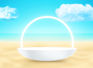 Landscape with podium on a sand and white neon arc. 3d vector mockup with shadow overlay effect