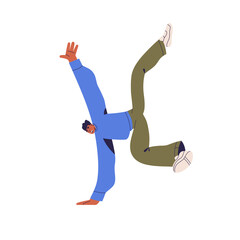 Happy young man in break dance movement on hand. Positive active person in fun motion, action with joy emotion. Energetic excited lively guy. Flat vector illustration isolated on white background
