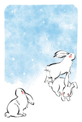 寒中お見舞い、うさぎ、手描き風、筆書き、和風、はがきテンプレート