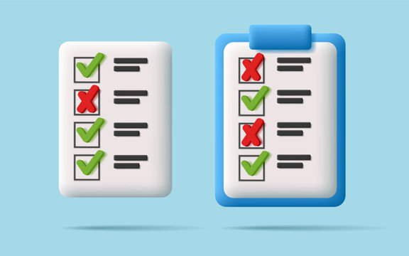 Checklist 3d icon with file and folder with paper and chek marks and crosses
