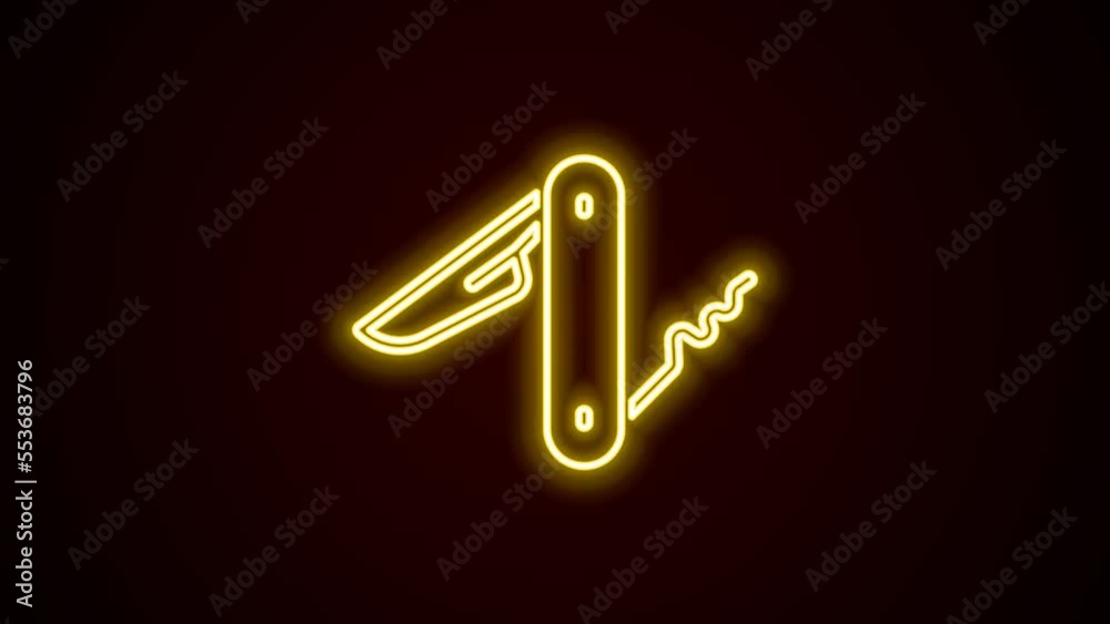 Sticker Glowing neon line Swiss army knife icon isolated on black background. Multi-tool, multipurpose penknife. Multifunctional tool. 4K Video motion graphic animation