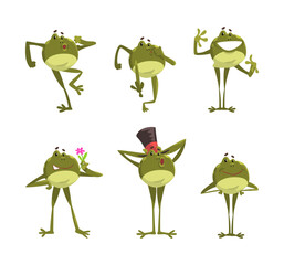 Funny Green Frog with Protruding Eyes Expressing Different Emotion Vector Set