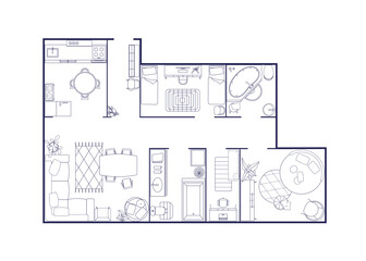 Apartment floor plan, top view. Contoured flat interior design layout with furniture overhead. Outlined house map with rooms, bathroom, kitchen. Vector illustration isolated on white background