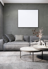 Loft style interior living room design and decoration with grey fabric sofa round coffee table blank photo frame on grey concrete wall. 3d rendering.