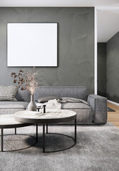 Living room interior design and decoration in Loft style grey sofa and carpet. 3d rendering.