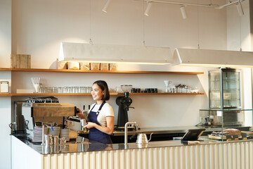 Portrait of cafe counter with barista girl working with coffee machine, making order for client in...