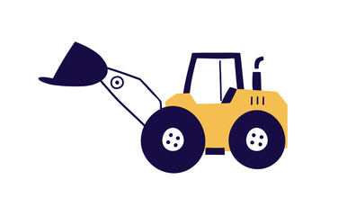 Cute tractor with ladle, dipper. Construction vehicle toy in Scandinavian style. Childish transport with scoop, machine, equipment. Kids Scandi flat vector illustration isolated on white background