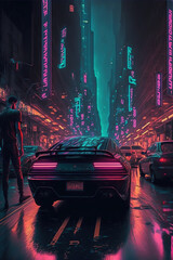 cyberpunk, road, cars, neon, city, gothic style, skyscraper, art illustration