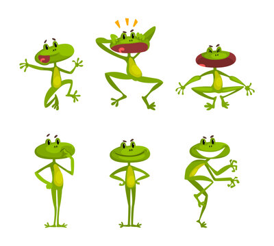 Funny Green Frog with Protruding Eyes Expressing Different Emotion Vector Set
