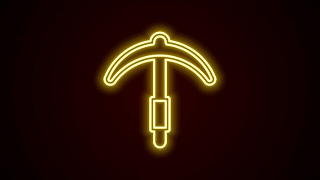 Glowing neon line Pickaxe icon isolated on black background. 4K Video motion graphic animation