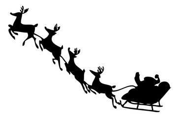 Santa Sleigh Silhouette. Santa Sleigh Isolated on White Background. Silhouette of Santa Claus riding in a sleigh with reindeer. Flying silhouette Santa Sleight. Vector illustration.
