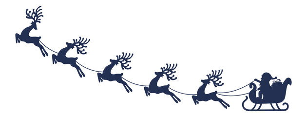 Santa Sleigh. Santa Sleigh Isolated on White Background. Silhouette of Santa Claus riding in a sleigh with reindeer. Dark Blue Christmas Sleigh Santa And Five Flying Reindeer. Vector illustration. 