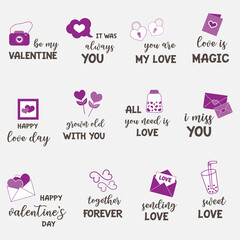 Fototapeta premium Valentine`s day typography for greeting cards, gifts, decorative stickers, scrapbook stickers, planner stickers and more.