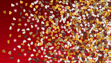 Realistic Background with Confetti of Hearts Glitter Particles. St. Valentine Day. Celebration pattern. Light Spots. Explosion of Confetti. Glitter Vector Illustration. Design for Banner.