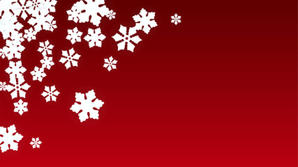 Christmas  Vector Background with Falling Snowflakes. Isolated on Red Background. Realistic Snow Sparkle Pattern. Snowfall Overlay Print. Winter Sky. Papercut Snowflakes.