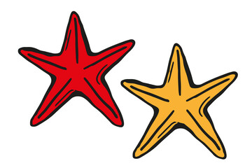 Fototapeta na wymiar A hand-drawn set of stars, red and yellow. An element for decorations, New Year and Christmas cards. Vector illustration