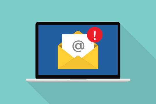 email spamming attack concept with envelope mail and danger icon on front of laptop computer with modern flat style