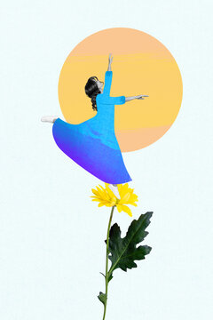Creative photo 3d collage artwork postcard poster picture of tender young girl dance stand big flower isolated on painting background