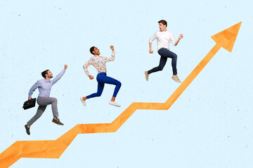 Creative photo 3d collage artwork poster postcard picture of young people moving ahead professional...