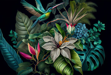 Abstract composition of various surreal tropical plants, flowers and birds.	