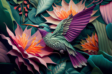 Abstract composition of various surreal tropical plants, flowers and birds.	