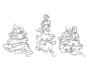 A set of cartoon Christmas trees with Christmas garlands for a coloring book.