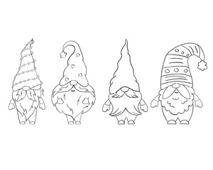 A set of cartoon Christmas gnomes for a coloring book. Linear design for children's coloring pages