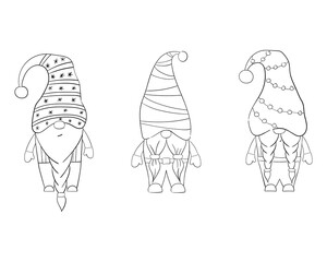 A set of cartoon Christmas gnomes for a coloring book. Linear design for children's coloring pages