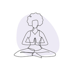 Single line drawing of a girl sitting in a yoga pose with abstract shape background. Doodle illustration of relaxing workout.