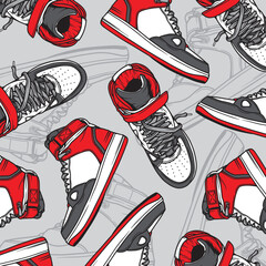 Seamless Pattern. Sneakers Shoes. Sneakers Illustration. Flat Vector Illustration. Fashion Sneakers. Pattern Backround