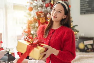 Obraz na płótnie Canvas Young beautiful friendly asian female lady with cute hairband cheerfully holding a gold colour gift box with a nice decorated Christmas tree at the background in a room