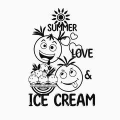 Funny monochrome label with ice cream sandae, crazy emoji love couple, text Love, Summer, Ice Cream. Simple minimal style, white background. For prints, clothing, t shirt design